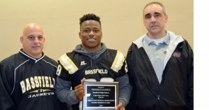 Shirley Burnham / The Prentiss Headlight—MHSAA Media Director Todd Kelly presented BHS football player Trodrick “T-Rod” Daniels the “Player of the Game Award.