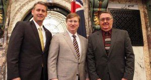 The Prentiss Headlight–Brother Robert Sones, (right), Pastor of Dublin Baptist Church in Prentiss, delivered an opening prayer to the senate on Friday, January 8, 2016, at the invitation of Senator Chris Caughman, (left), who led the Pledge of Allegiance, after Lt. Governor Tate Reeves gaveled the body to order.