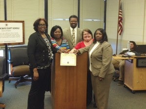 The Prentiss Headlight—Superintendent Will Russell presents CFO Sheila Copeland and department chairs Cammie Reese, Cindy Daley & Dr. Subrina Mason with a Certificcate of Recognition for a clear financial audit.